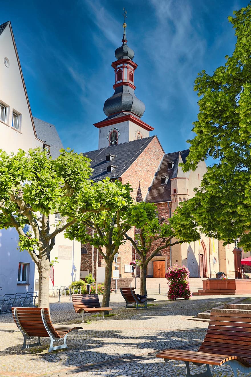 Rüdesheim, kasaba, park, banklar, kule, binalar, eski binalar, Kent, Almanya, rhineland