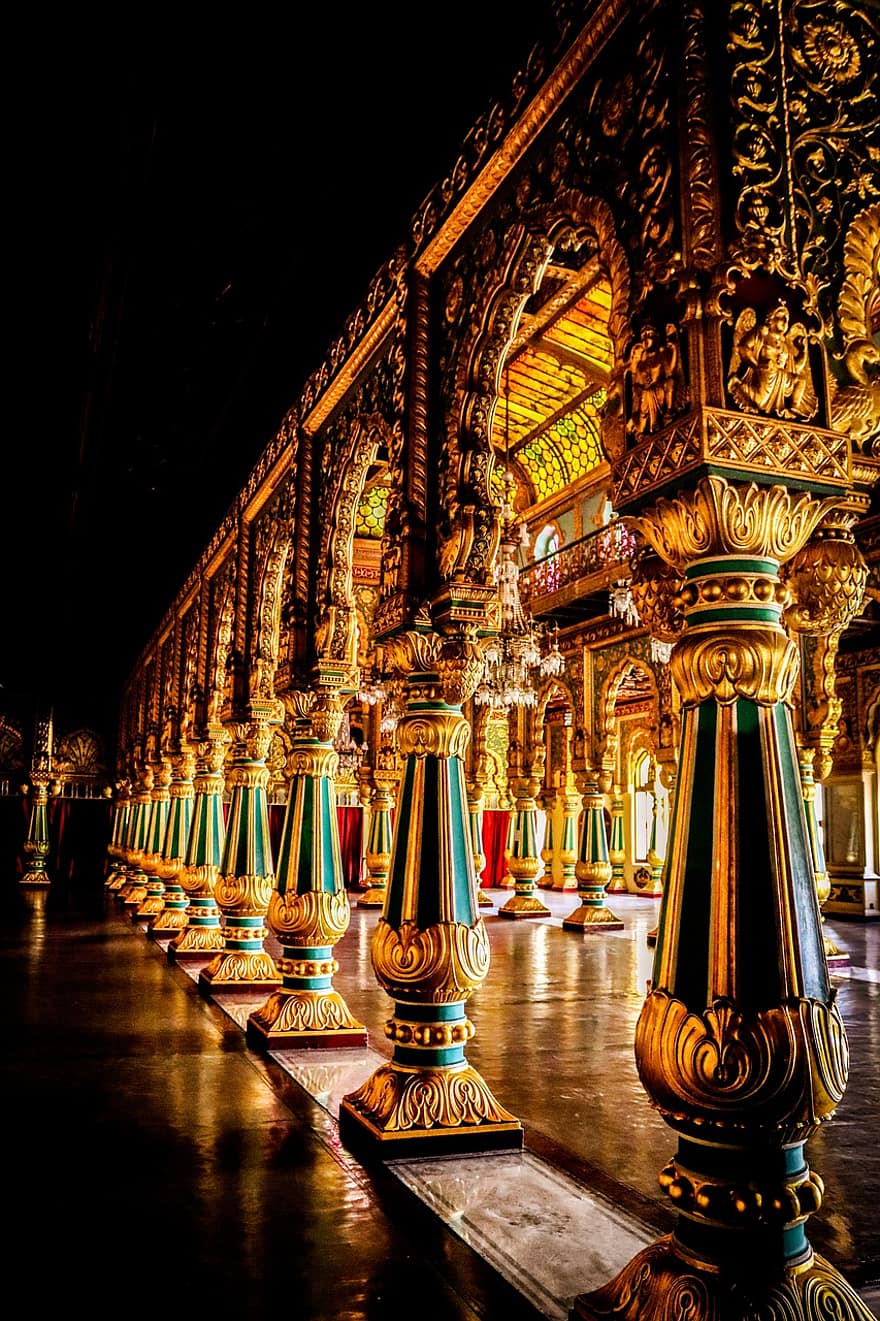 Pillars, Columns, Palace, Gold, Golden, India, Perspective