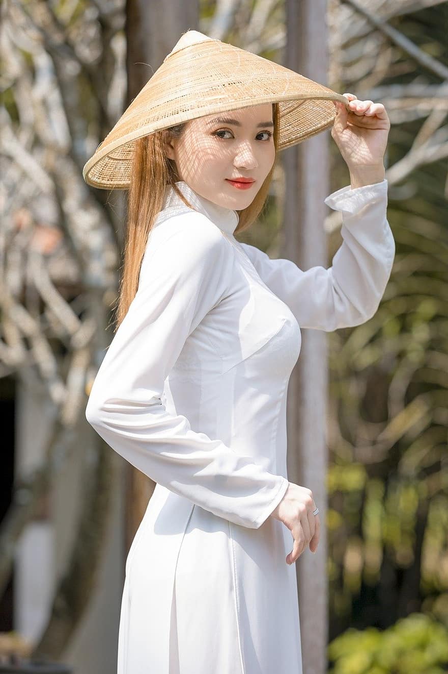 ao dai, moda, mulher, retrato, Vestido Nacional do Vietnã, chapéu cônico, vestir, tradicional, menina, bonita, pose