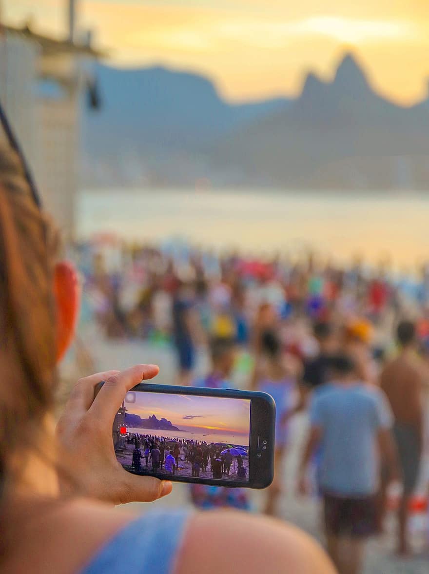 Телефон, экран, камера, устройство, пляж, люди, толпа людей, океан