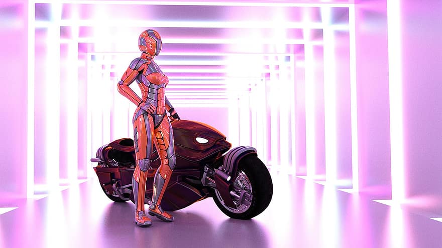 велосипед, виставковий зал, мотоцикл, графічний, 3d, візуалізувати, фантазія, помаранчевий, світло, фіолетовий, водій