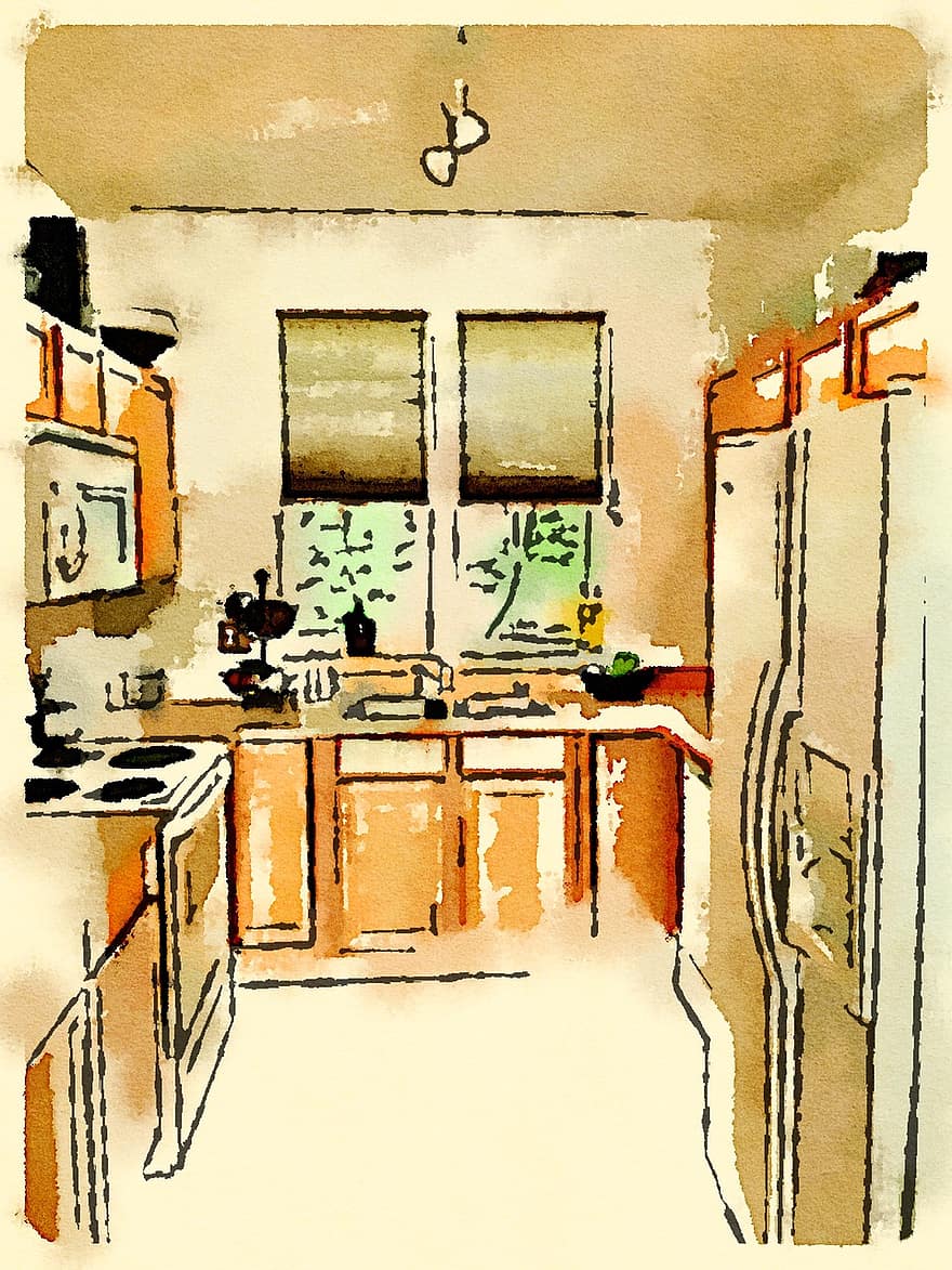 kjøkken, vannfarge, tegning, interiør