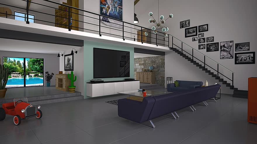 interjera dizains, dzīvojamā istaba, bēniņi, mājas, 3D Makets