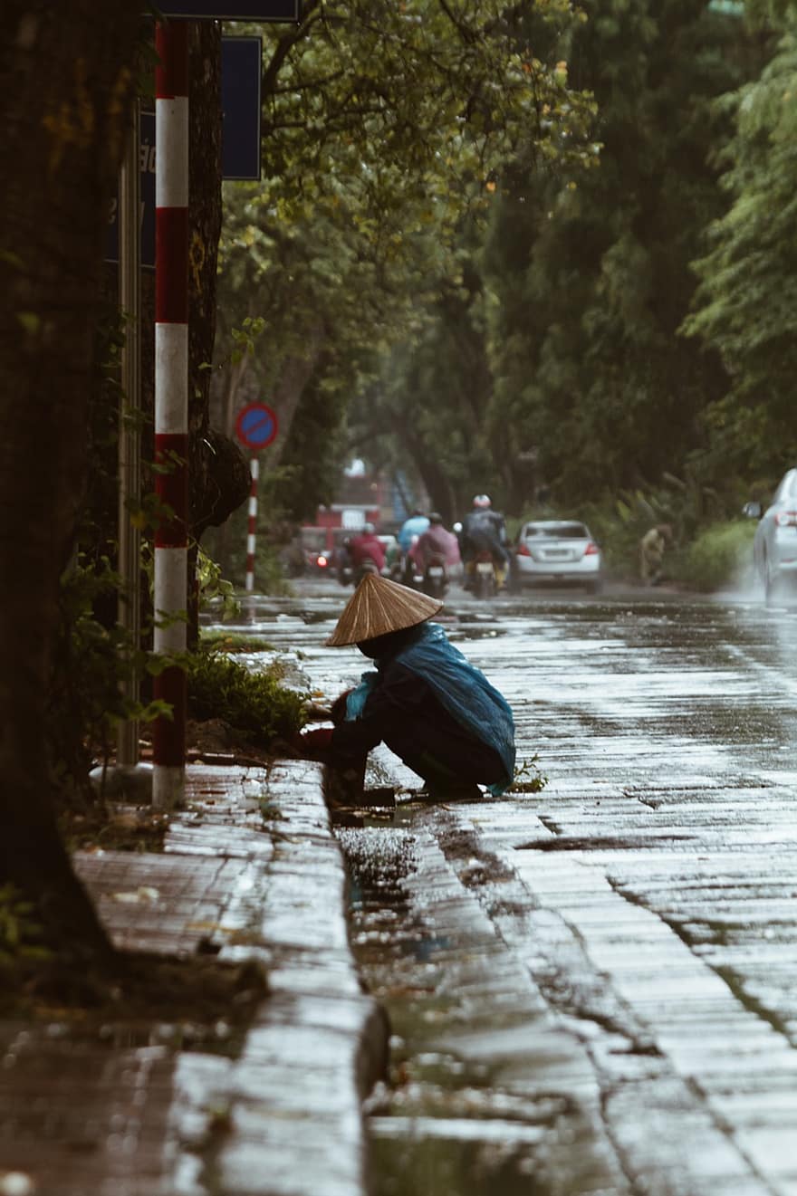 雨、通り、ワーカー、人、おとこ、作業、道路、都市