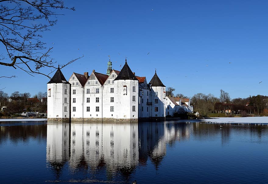 hrad, pevnost, budova, rybník, sníh, vodní hrad, glücksburg, mecklenburg