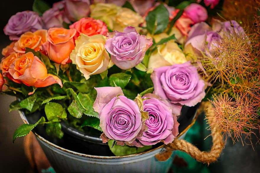 Roses, Flowers, Arrangement, Rose Basket, Floribunda, Blossom, Bloom, Plant