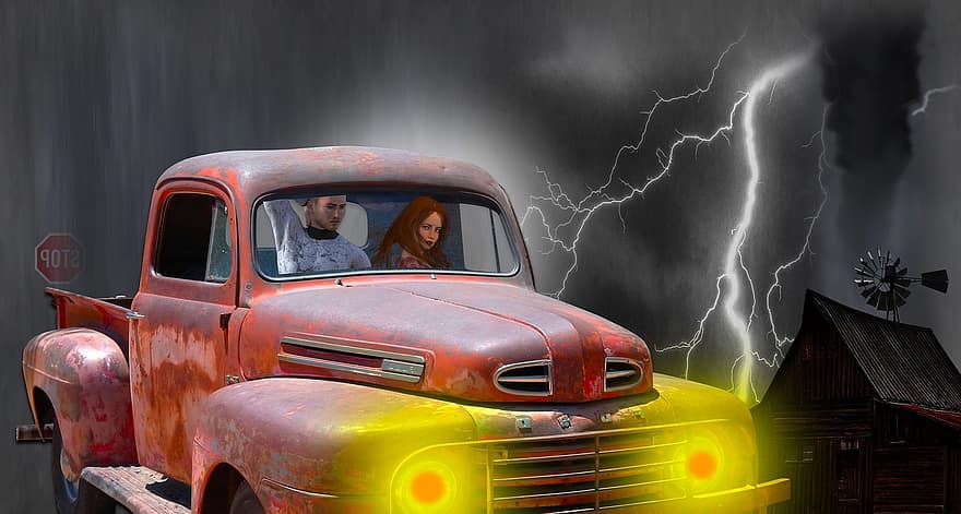 camió agrícola, nit, tempesta, parella, tornado, twister, fars, llamps, graner, molí de vent, senyal de stop