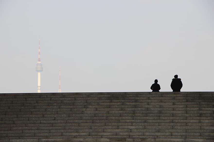 budova, kroky, lidé, vzdálený pohled, n seoul věž, Vyhlídková plošina, národní muzeum Koreje, Soul