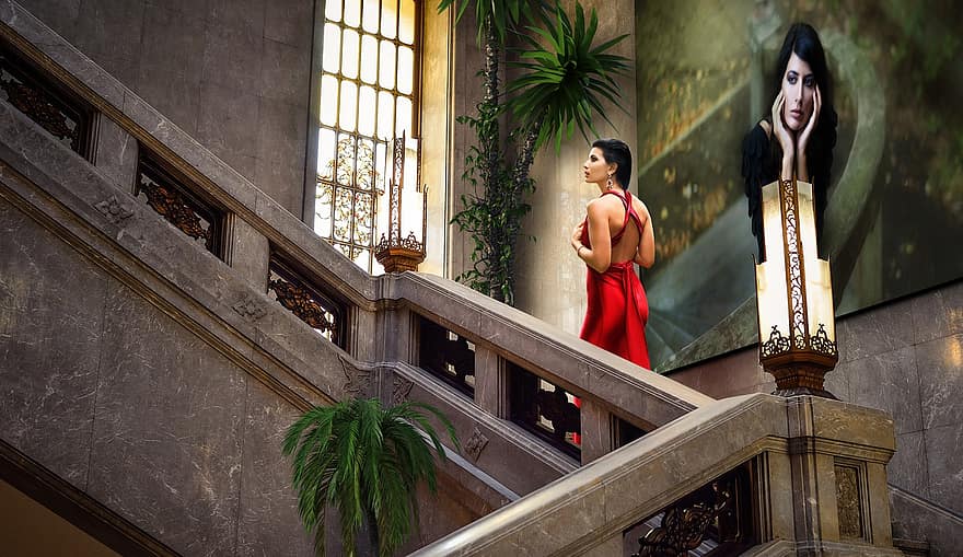 dona, pintura, finestra, marbre, plantes, vestit vermell, model, descobriment, escala, escales, glamour