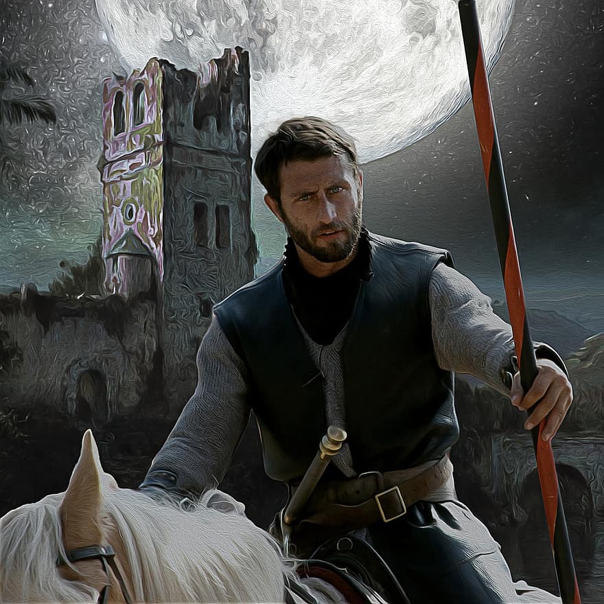 rycerz, zamek, wojownik, księżyc, koń, średniowieczny, średniowiecze, pełnia księżyca, Fantazja, mężczyzna, broda