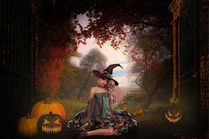 Hexe, Halloween, Hintergrund, Wald, Herbst, Kürbis, Oktober, Nacht-, gruslig, Baum, Frau