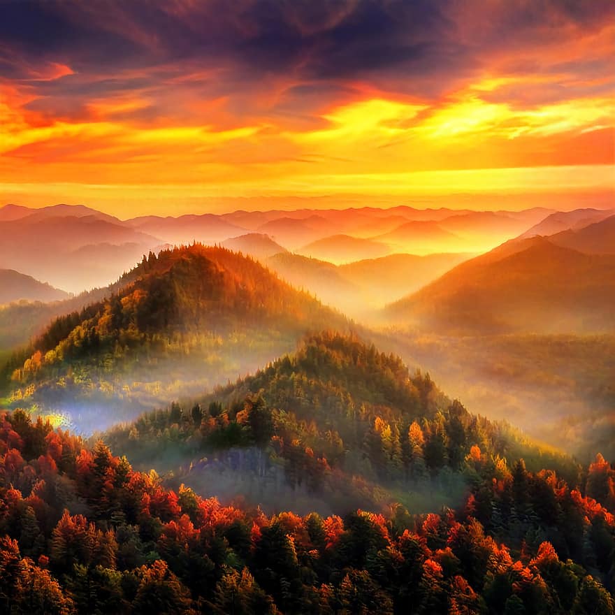 alam, matahari terbenam, di luar rumah, bukit, perjalanan, senja, eksplorasi, langit, awan, puncak, hutan
