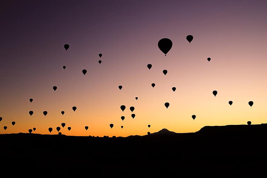 μπαλόνια με ζεστό αέρα, cappadocia, η δυση του ηλιου, σιλουέτες, μπαλόνια, πτήση, επιπλέων, βουνά, τοπίο, φύση, ο ΤΟΥΡΙΣΜΟΣ