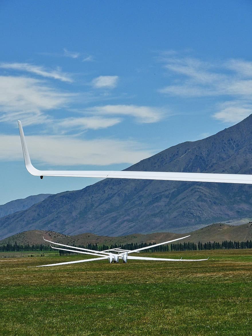 Glider, Airplane, Field, Aviation, Flight, Sail Plane, Gliding, Mountains