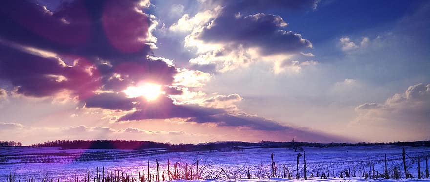 долина Шенандоа, поле, снег, солнце, Солнечный лучик, зима, холодно, облака, облачный, пейзаж, природа