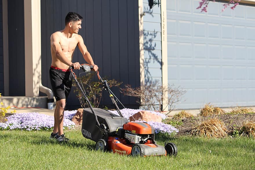 Lads, Mowing, Shirtless, Blond, Caucasian, Handsome, Mow, Male, Outdoor, Grass, Summer