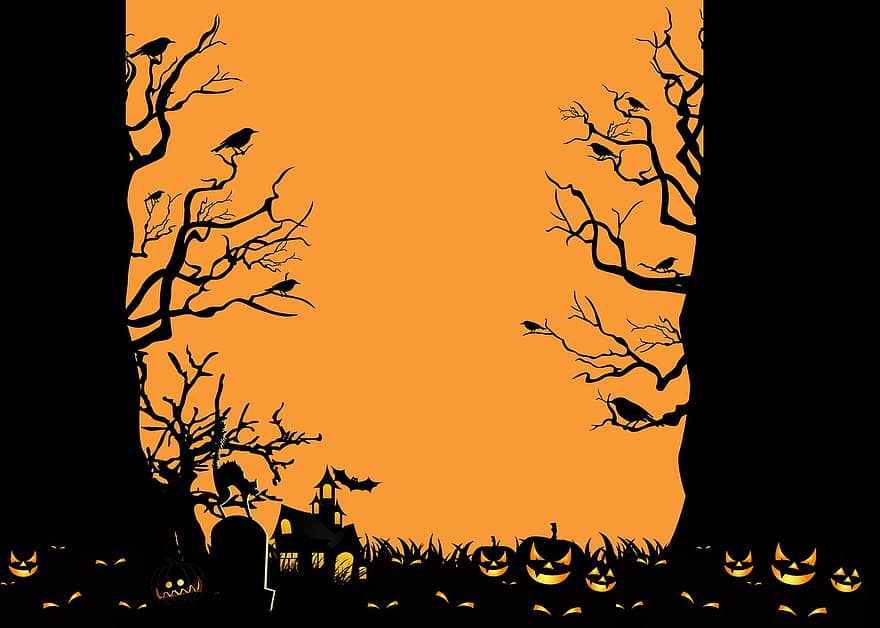 halloween, kurpitsa, puu, talo, siluetti, syksy, yö-, aavemainen, kuva, vektori, taustat