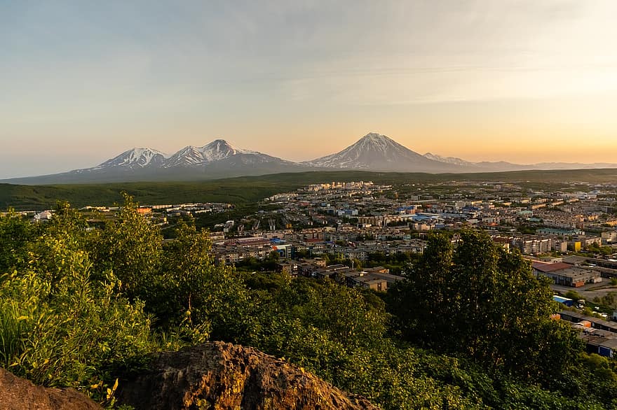 munţi, vulcan, apus de soare, în aer liber, Kamchatka, vară, cer, turism, peisaj