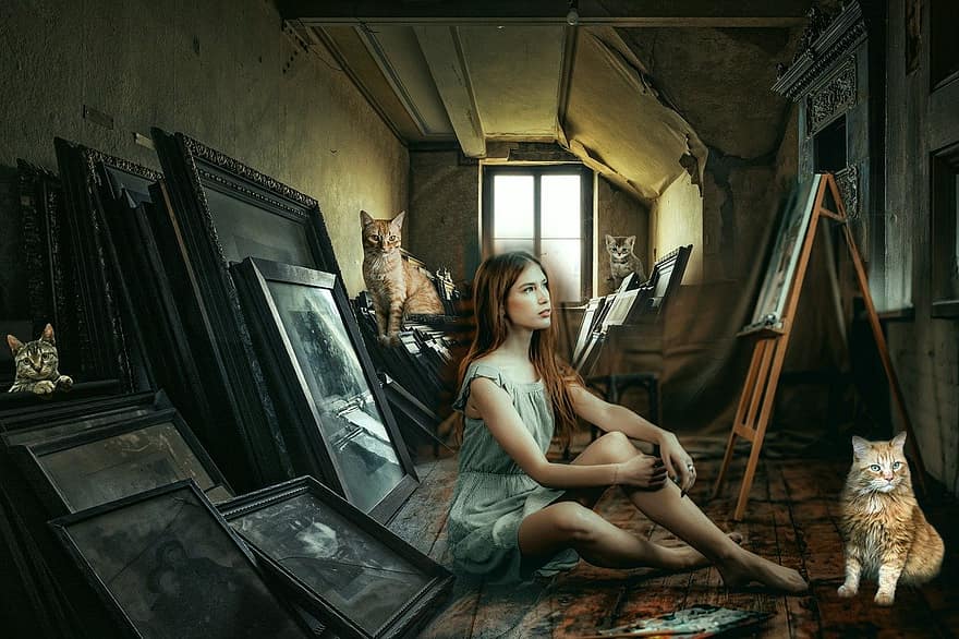 nainen, maalaukset, kissat
