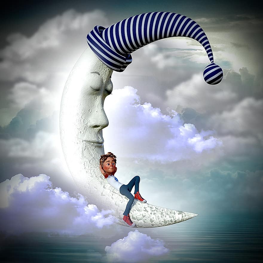 Moon, Dreams, Fairy Tale, Boy, Child, Surreal, The Atmosphere, Mystical, Atmospheric, Sky Clouds, Fantasy