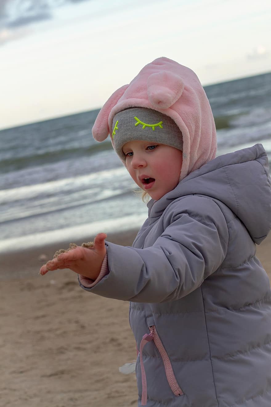 meitene, pludmale, mazulis, jūra, krastā, Baltijas jūra, auksts, bērns, ārā