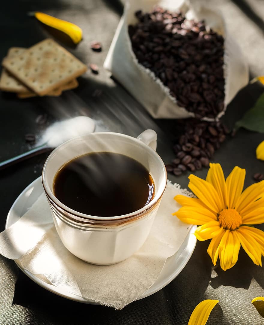 café, taza de café, granos de café, beber, bebida, café negro, desayuno, Mañana