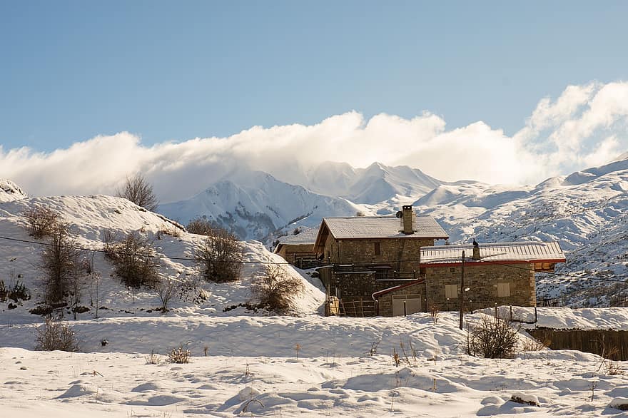 bjerge, sne, hus, kabine, landsby, vinter, kold, landskabet, skyer, Kastoria