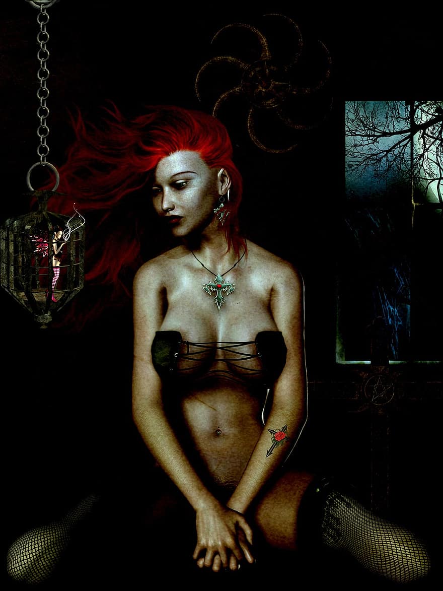 mujer, tatuaje, emoción, jaula, hada, cabello rojo, 3d