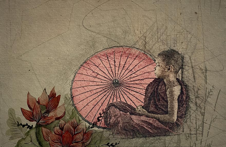 소년, 앉다, 화면, 아시아 사람, 수도사, 불교, 그림, 미술, 전통적으로, 영성, 신앙