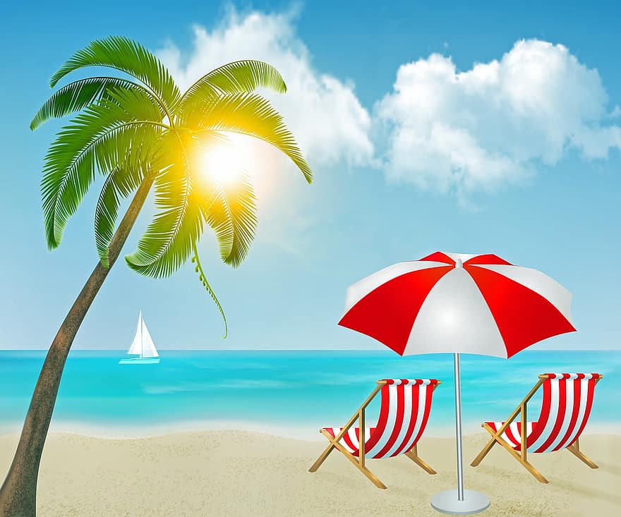 strand, zee, strandstoelen, paraplu, zon, boot, zeilboot, zomer, water, oceaan, zand