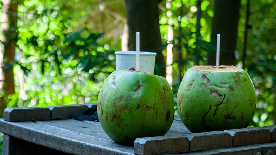 frukt, kokosnøtt, tropisk, sunn, drikke, sommer, friskhet, grønn farge, bord, mat, blad