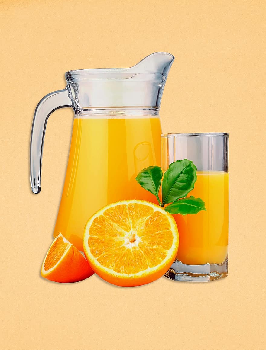 sok, sok pomarańczowy, drink, szkło, dzban, napój, jedzenie, śniadanie, owoc, zdrowy, cytrus