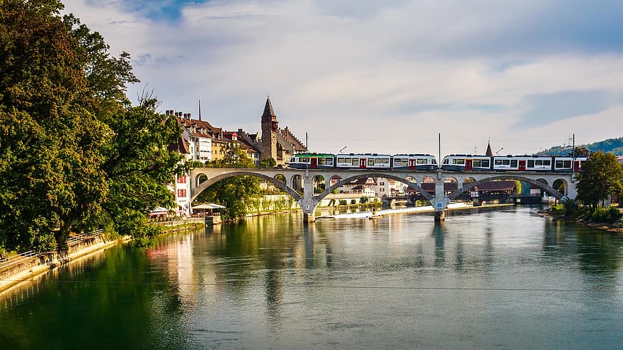 řeka, vlak, most, město, vesnice, banka, břeh řeky, železniční systém, železnice, Bremgarten, švýcarsko