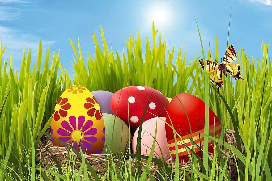 Pâques, œuf de Pâques, de bonne humeur, Oeuf, peint, coloré, décoration, nid, nid de pâques, bonbons, délicieux