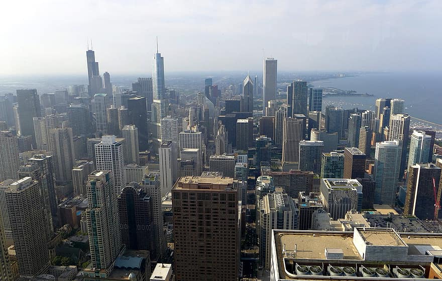 város, felhőkarcoló, Chicago, városkép, épületek, láthatár, belváros, városi, illinois, városi látkép, légi felvétel