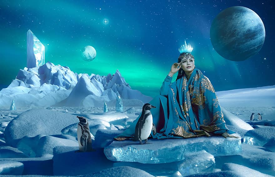isfjell, pingvin, dronning, fantasi, is, polar, kald, snø, Arktis, natur, Antarktis