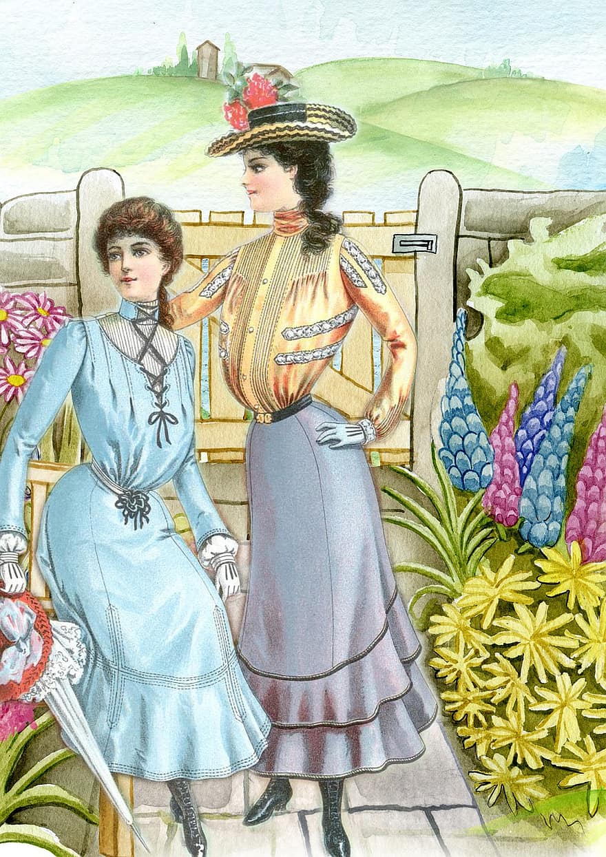 årgång, damtoalett, trädgård, 19th century, kvinna, lady, flicka, Kläder, mode, glamour, människor