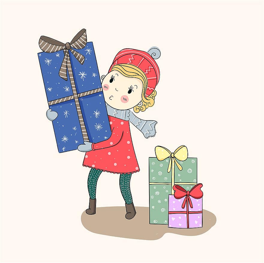flicka, gåvor, presenterar, jul, Semester, dekoration, festlig, firande, glad, vinter-, kort