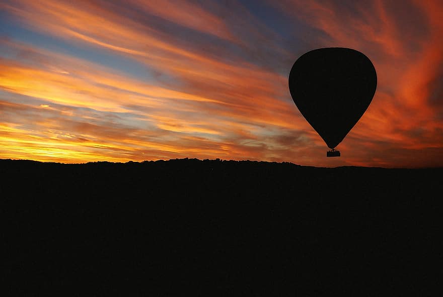 Ballon, fliegen, Himmel, Natur, Sonnenuntergang, Landschaft, schwarz, Menschen, freunde, Wald, Heißluftballon