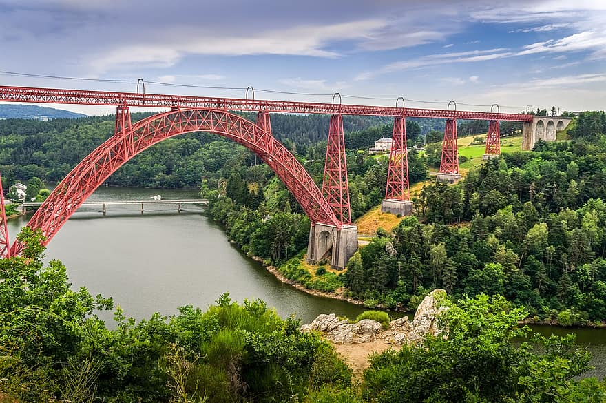 építészet, tájkép, híd, Garabit, Auvergne, viadukt, utazás, idegenforgalom, víz, híres hely, erdő