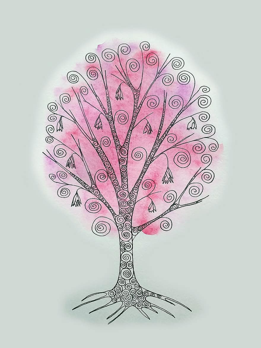 Tree, Factory, Trunk, Fantasy, Silhouette, Curls, Magic, Watercolor, Drawing, Artist, Plant