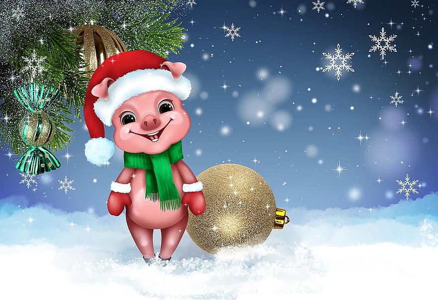 Holiday, Symbol, Piggy, New Year, Oriental, Animal, Background, Postcard, Snow, Tree, Balls