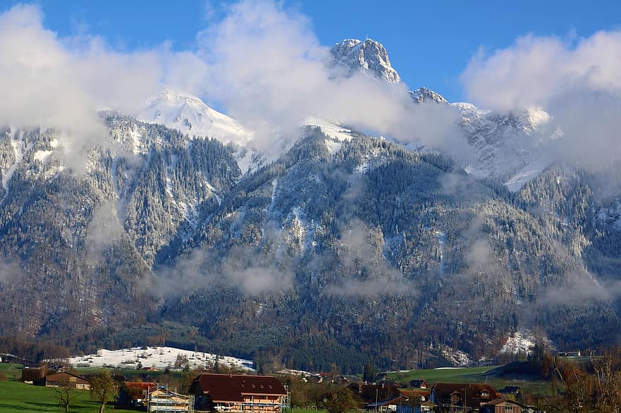 hegyi táj, csúcstalálkozó, Gantrisch Natúrpark, hegyek, Alpok, bernese oberland, felhők, falu, utazni, tájkép, alpesi