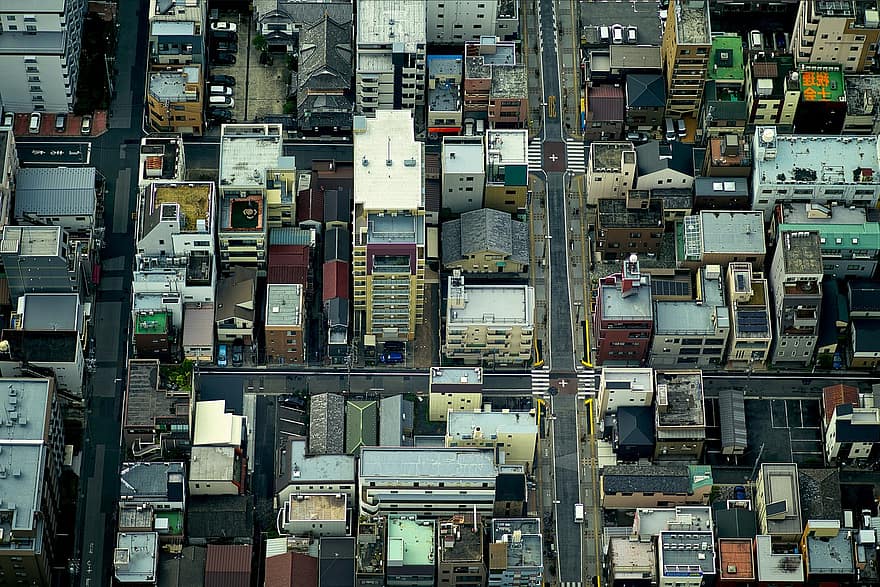 เมือง, ในเมือง, ทันสมัย, cityscape, มุมมองด้านบน, มุมมองทางอากาศ, ถนน, อาคาร, โตเกียว, ประเทศญี่ปุ่น