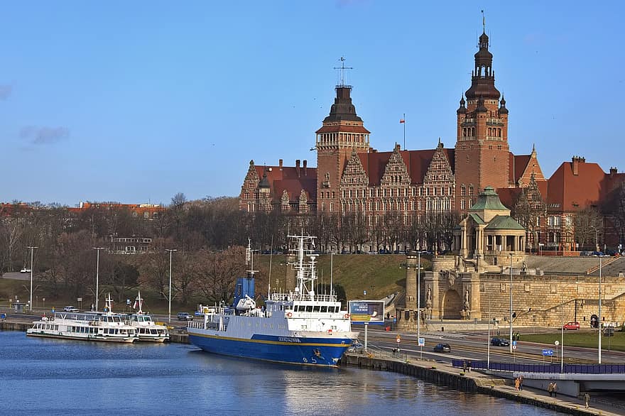 port, rivière, architecture, szczecin, endroit célèbre, navire nautique, eau, livraison, paysage urbain, extérieur du bâtiment, transport
