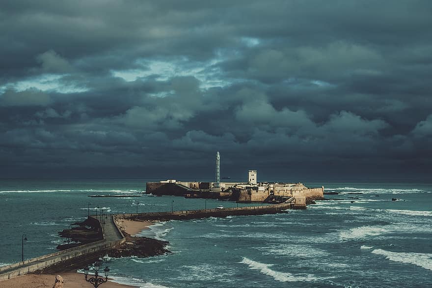 Lighthouse, Fortress, Beach, Sea, Cove, Clouds, Costa, Bridge, Waves, Cadiz, Holiday