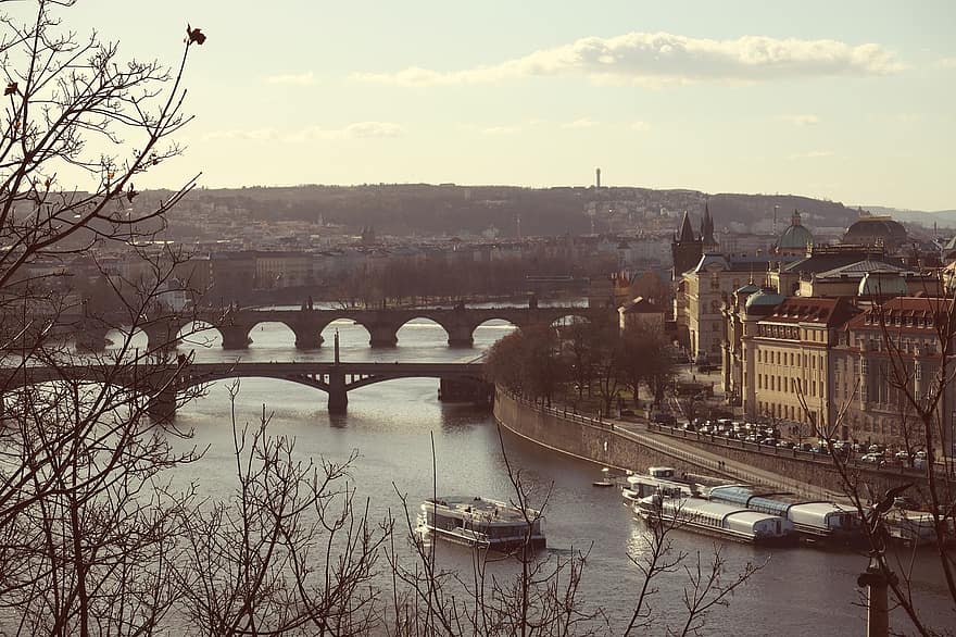 Praag, brug, rivier-, stad, boten, oude stad, Tsjechische Republiek, vltava, Bekende plek, stadsgezicht, architectuur