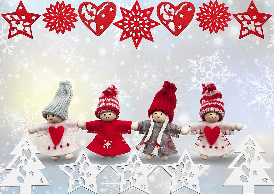 クリスマス、天使、冬、手仕事、編み物、心臓、星、モミの木、降雪、雪、クリスマスカード