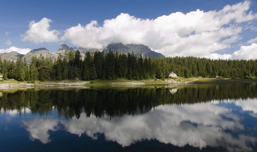 Алпи, Lombardia, езеро, размисъл, дървета, планини