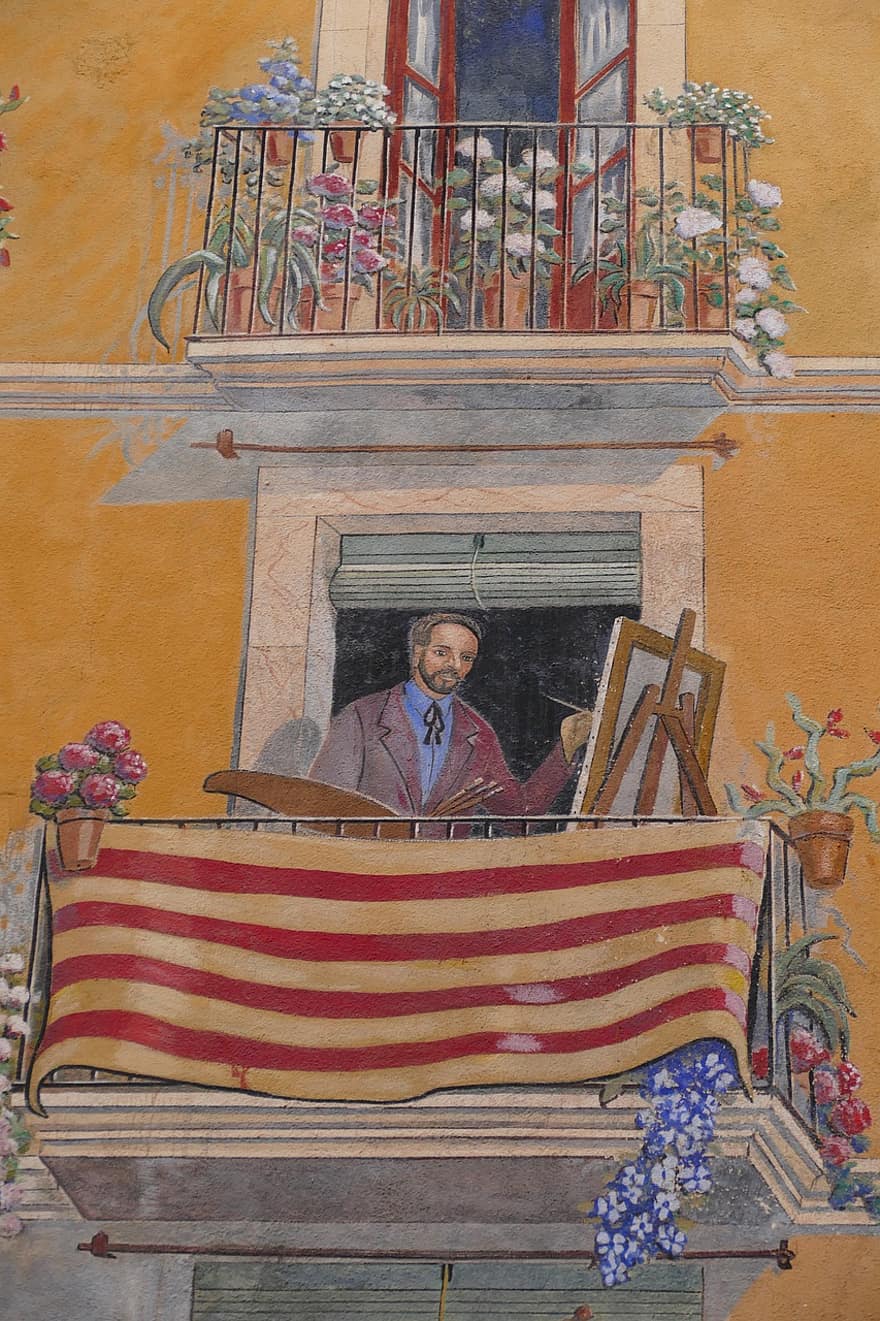 fresk, obraz, grafitti, trompe-l'oeil, malarz, sztaluga, balkon, Ściana, fasada, Tarragona